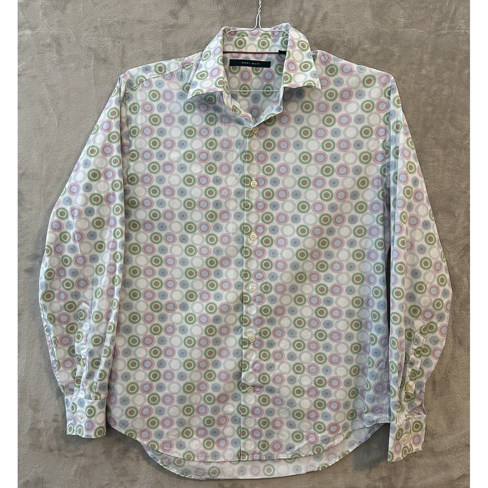 Perry Ellis Shirt Mens Medium Multicolor Circles Button Up Long Sleeve Cotton
